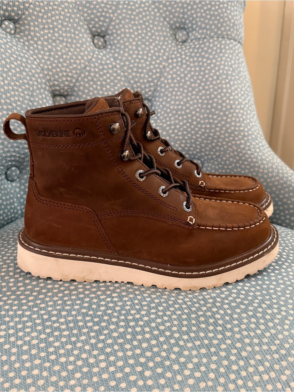 Wolverine Brown Leather Moc Toe Work Boots with White Outsole